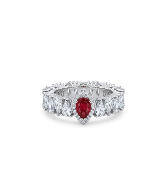 Ruby Teardrop Halo Silver Eternity Ring with CZ Stones (5.66g)