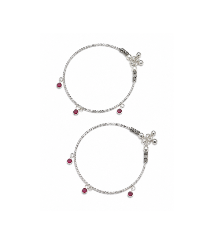 Silver Red Stone Charm Anklet for Women (Pair)