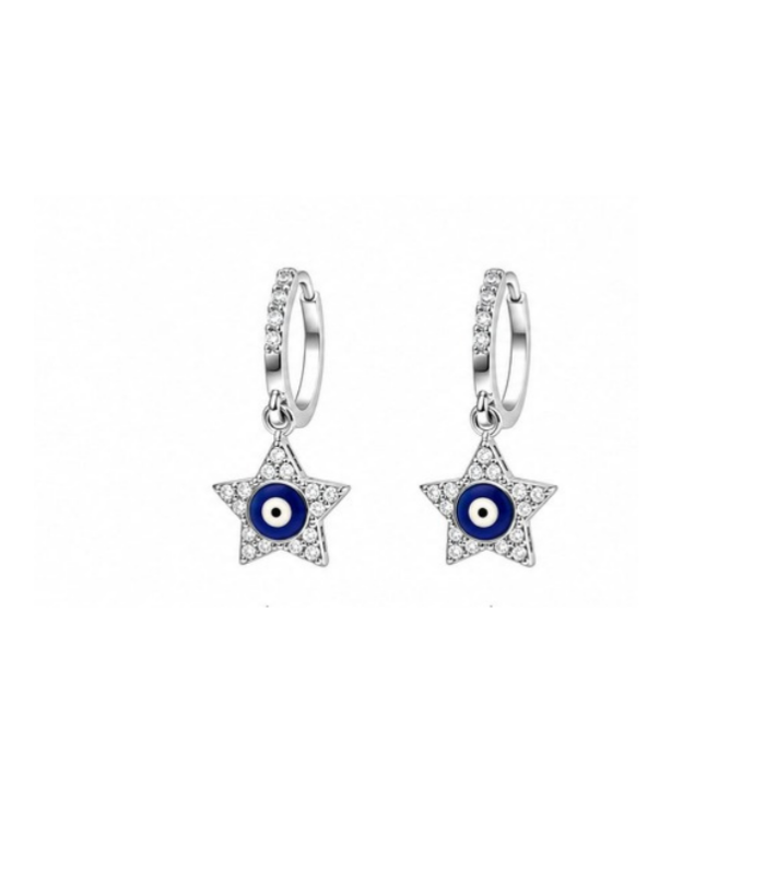 Evil Eye Star Silver Hoop Earrings with Crystal Detailing