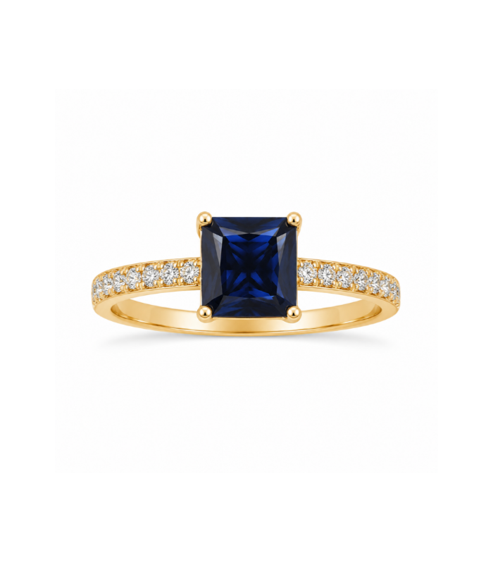 Blue Sapphire Emerald-Cut Gold-Plated Silver Ring with CZ Stones ( 2.64g )