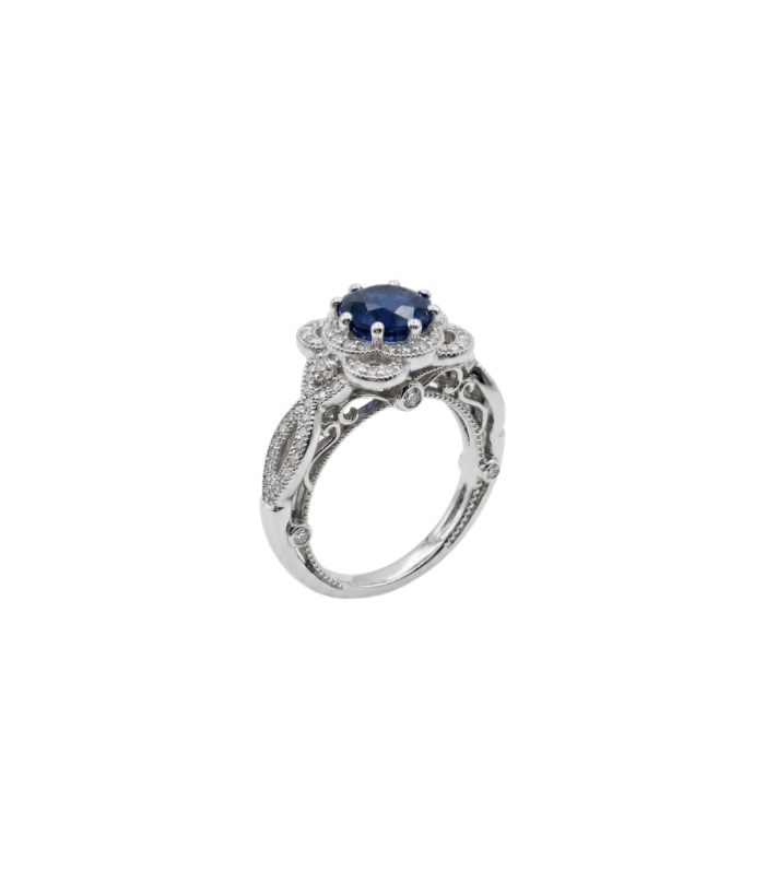 Blue Sapphire Floral Halo Silver Ring with CZ Stones ( 4.56g )