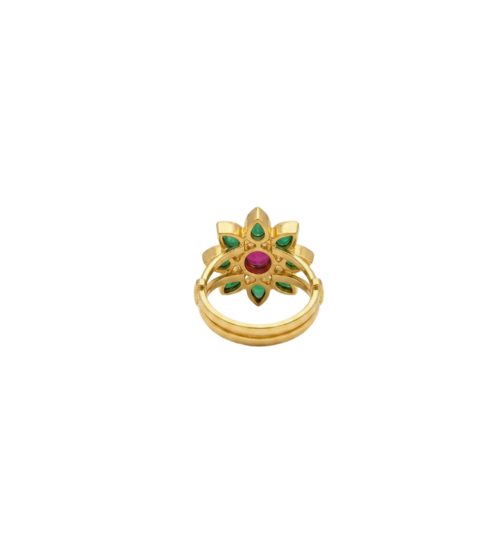 Ruby & Emerald Floral Gold-Plated Silver Statement Ring ( 5.03g )