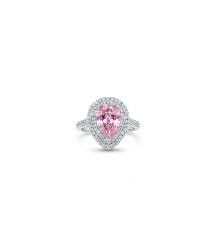 Pink Pear Halo Silver Statement Ring with CZ Stones ( 5.60g )
