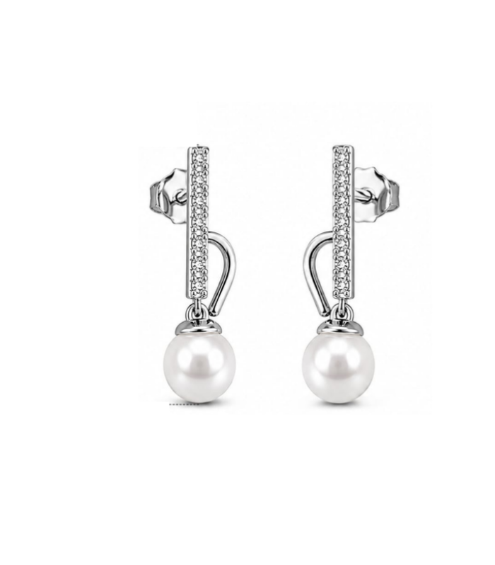Elegant Pearl Drop Silver Earrings with Crystal Bar Design