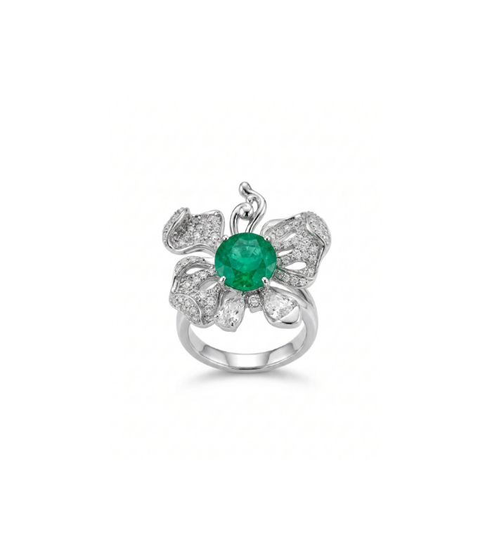 Emerald Floral Silver Statement Ring with CZ Stones ( 6.02g )