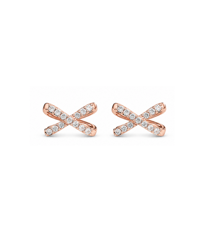 Rose Gold Criss Cross Silver Stud Earrings with Crystal Detailing