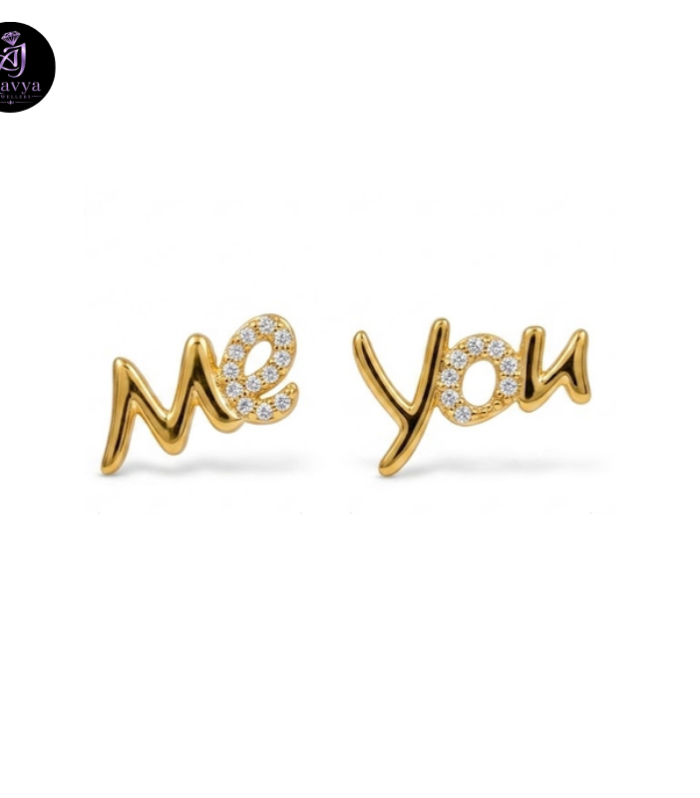 Me & You Script Silver Stud Earrings with Stone Accent (Gold Finish)
