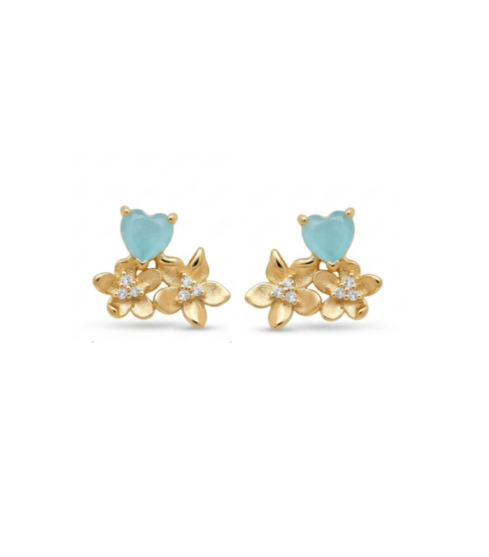 Blue Heart Floral Silver Stud Earrings with Gold Finish