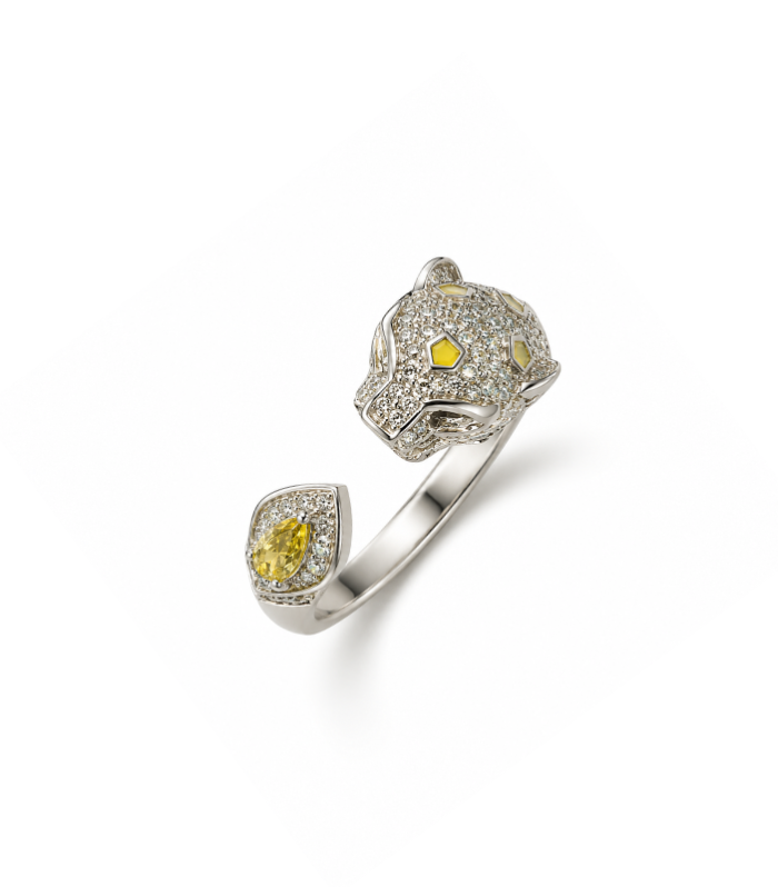 Panther Head Open CZ Silver Ring with Yellow Stones (8.42g)