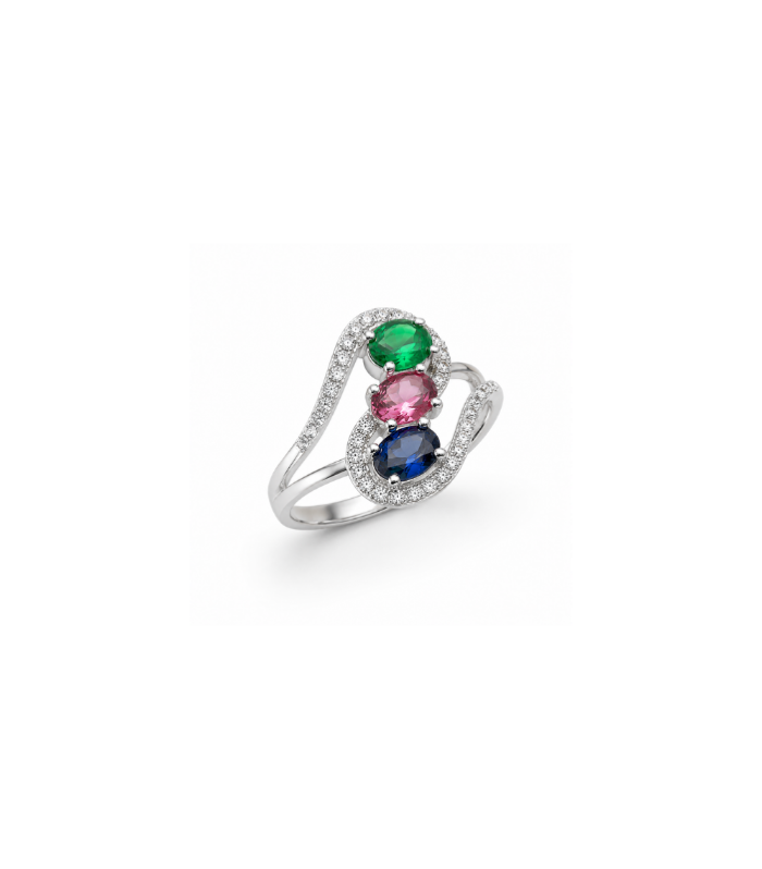 Tricolor Gemstone Halo CZ Silver Ring (2.76g)