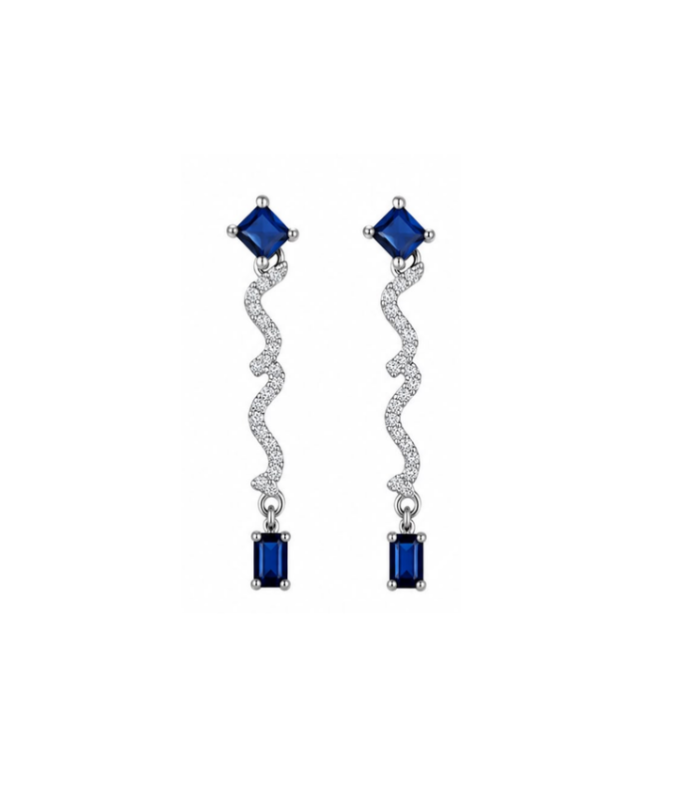Blue Sapphire Wave Drop Silver Earrings