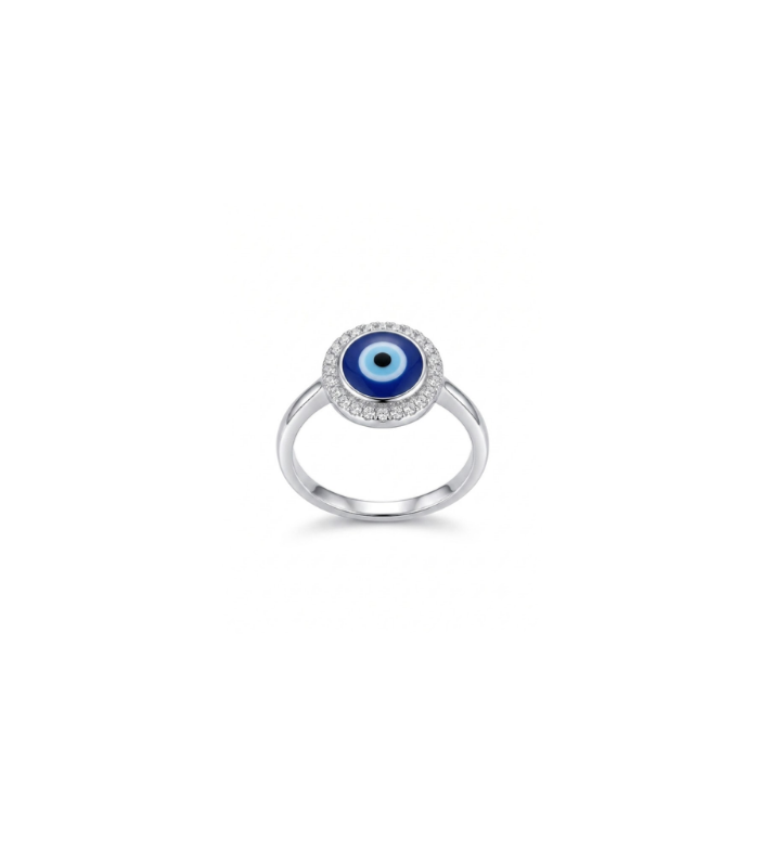 Blue Evil Eye Halo Silver Ring with CZ Border (2.45g)