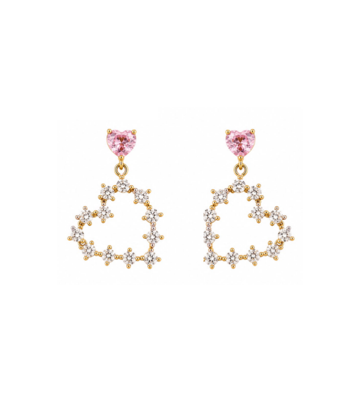 Pink Heart Crystal Drop Earrings with Gold Finish