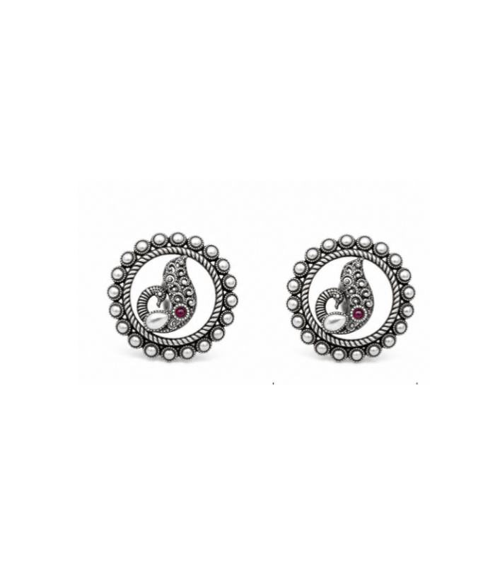 Vintage Peacock Motif Oxidised Silver Stud Earrings