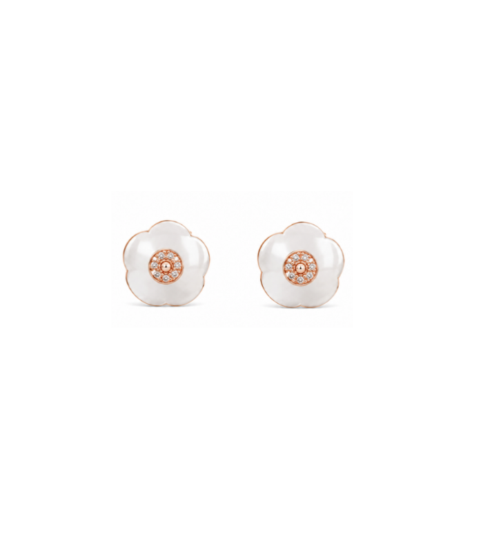 White Floral Mother of Pearl Silver Stud Earrings with Rose Gold Accents