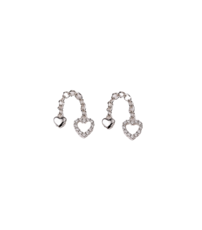 Silver Double Heart Chain Drop Stud Earrings with Crystal Accents
