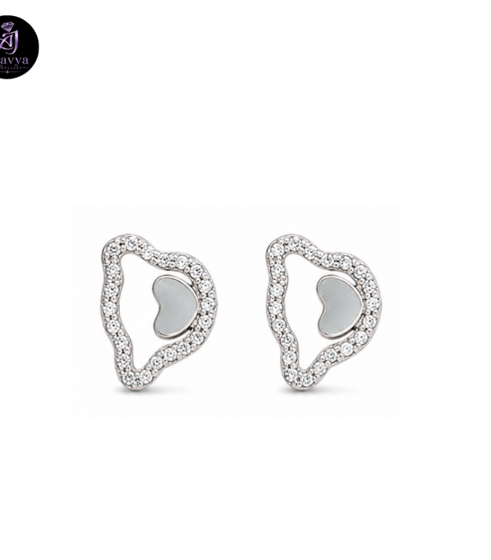 Elegant Heart Silver Stud Earrings with Crystal Border