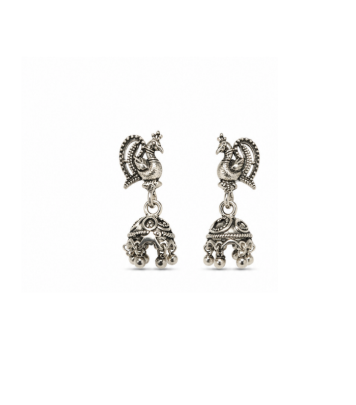 Silver Peacock Jhumka Drop Earrings for Women
