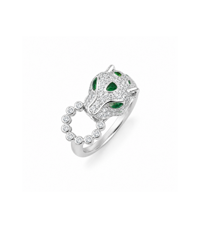 Panther Head Silver Statement Ring with Green Stones & CZ Accents ( 4.35g )