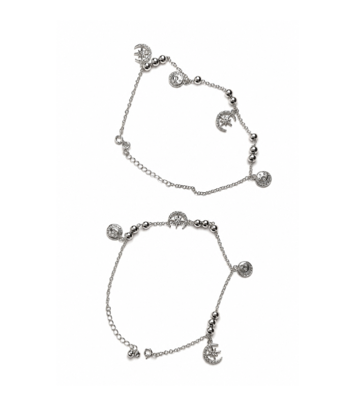 Silver Moon & Star Charm Anklet for Women ( 13.54g )