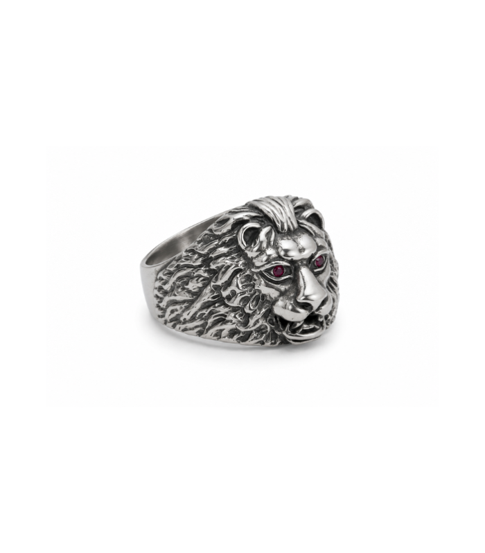 Lion Head Silver Statement Ring with Red Stone Eyes (10.21g)
