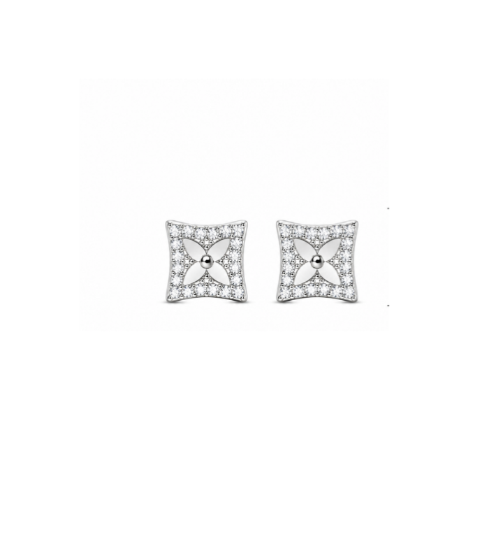 Sparkling Floral Square Silver Stud Earrings