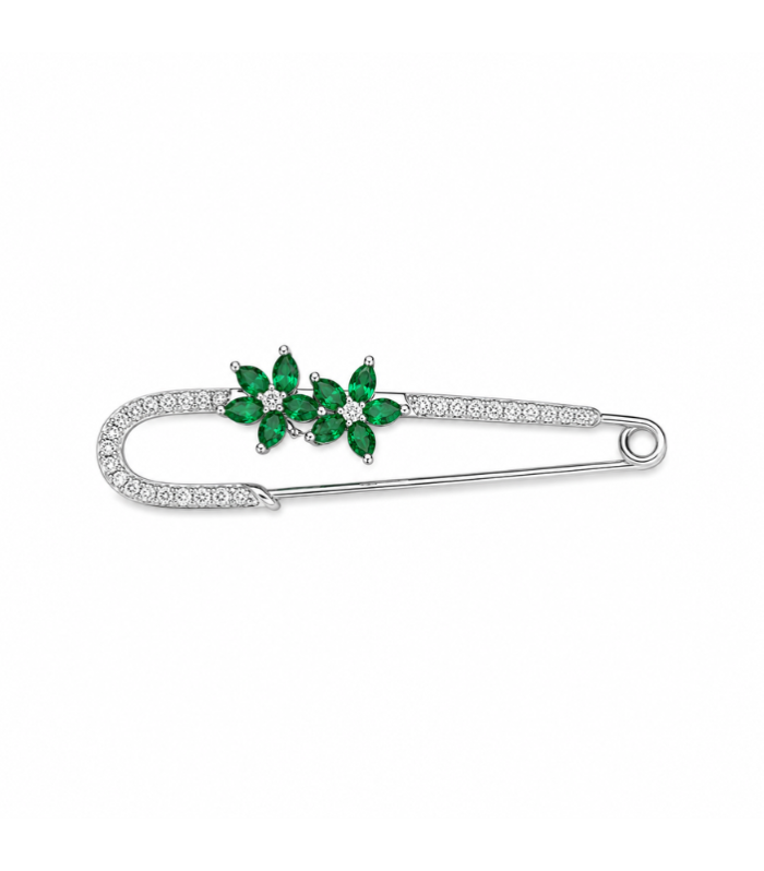 Floral Silver Saree Pin with Green Stone Accents (3.80g)