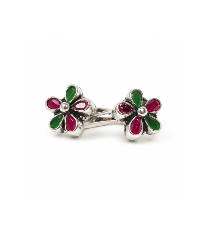 Floral Silver Toe Ring (Bichiya) with Pink & Green Enamel Petals