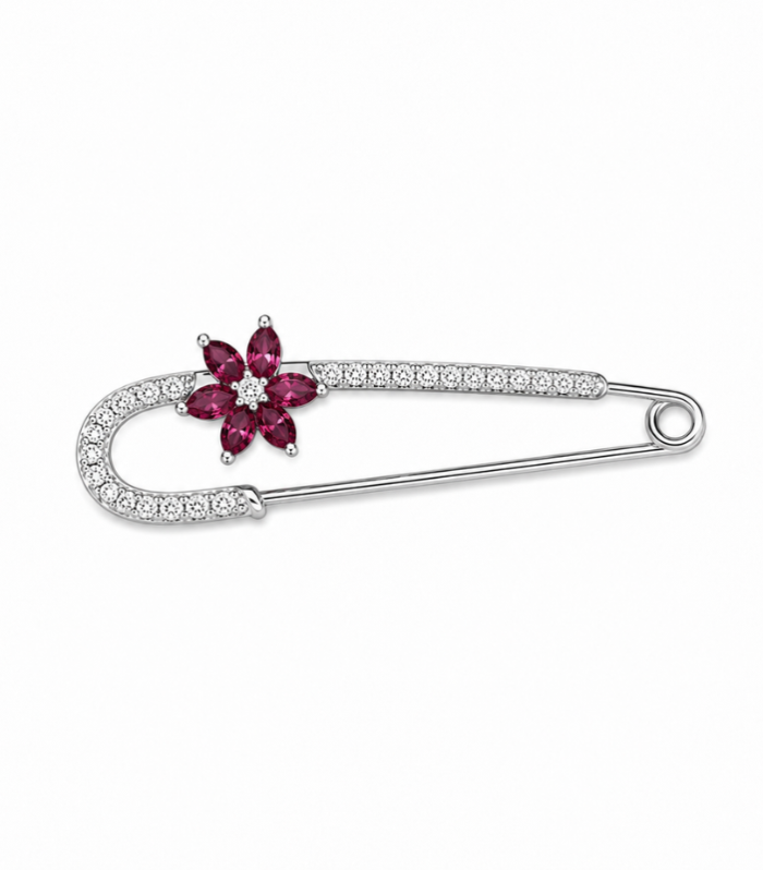 Floral Silver Saree Pin with Pink Stone Accents (3.80g)