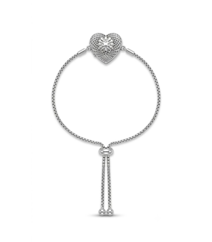 Heart Adjustable Silver Bracelet with Pavé Stone Detailing (7.60g)
