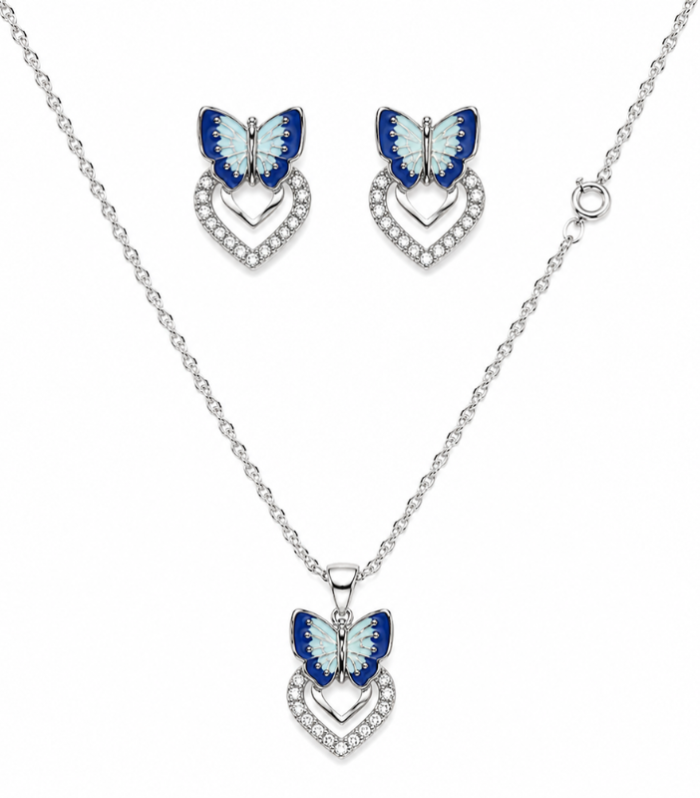 Silver Butterfly Heart Pendant Chain Set with Earrings for Women ( 7.34g )