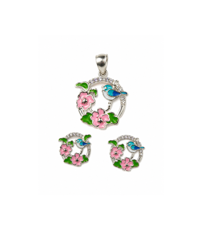 Silver Bird & Blossom Enamel Pendant Set with Stud Earrings (6.03g)