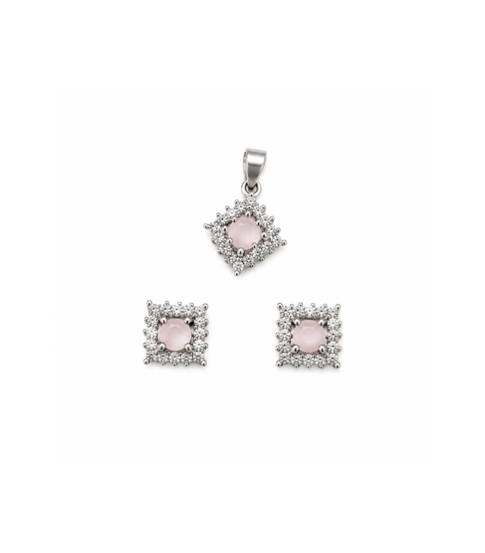 Pink Square Crystal Silver Pendant Set with Stud Earrings