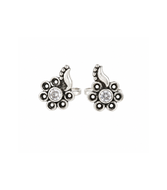 Traditional Oxidised Silver Floral CZ Bichiya (Toe Ring Pair)