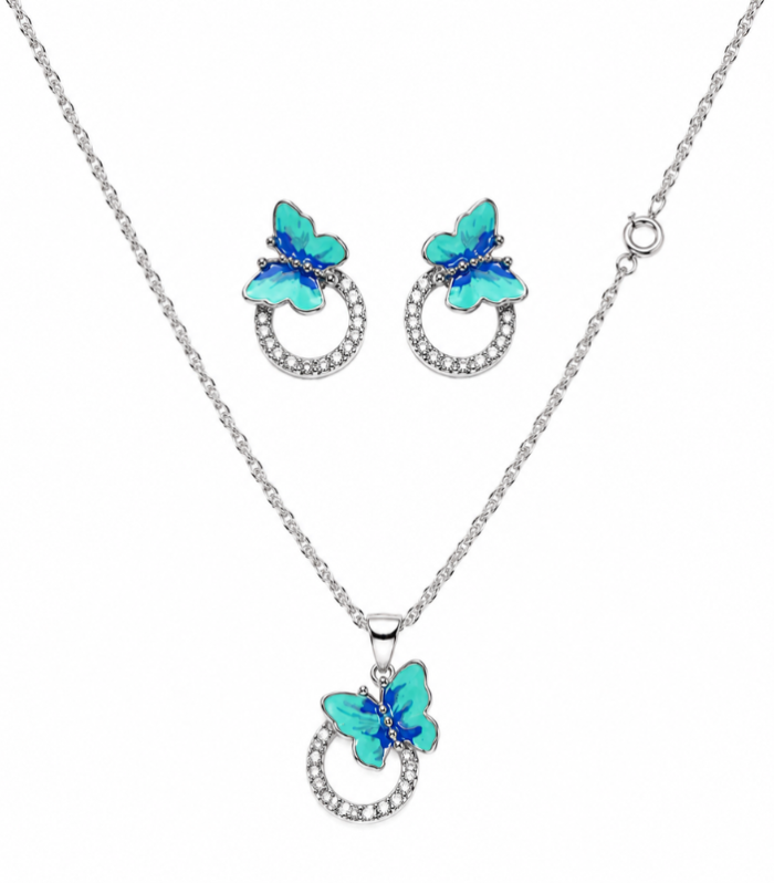 Silver Blue Butterfly Pendant Chain Set with Earrings for Women ( 8.36g )