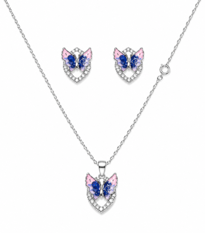 Silver Pink & Blue Butterfly Heart Pendant Chain Set with Earrings for Women ( 7.73g )