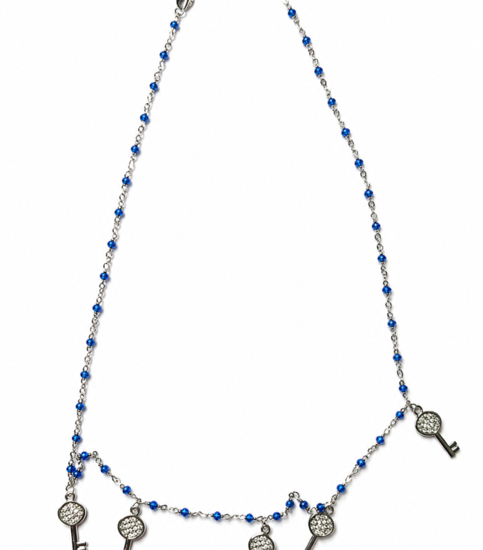 Blue Beaded Key Charm Silver Necklace (4.94g)