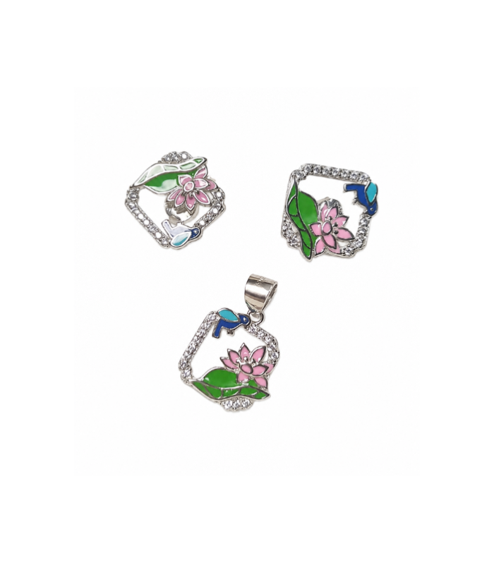 Lotus & Hummingbird Silver Pendant Set with Enamel Detailing (4.62g)