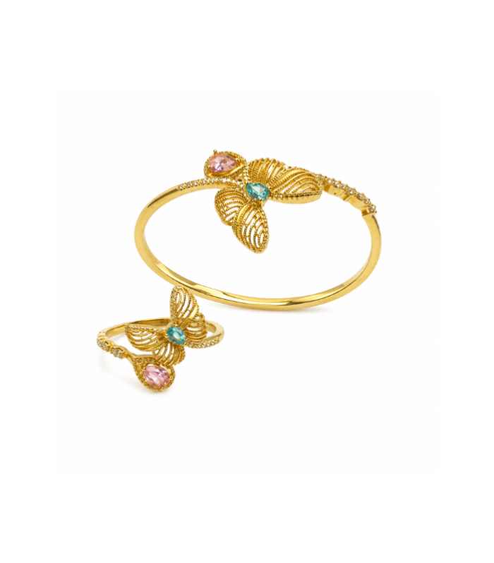 Gold-Plated Leaf Design Bracelet with Ring Set for Women ( 17.38g )